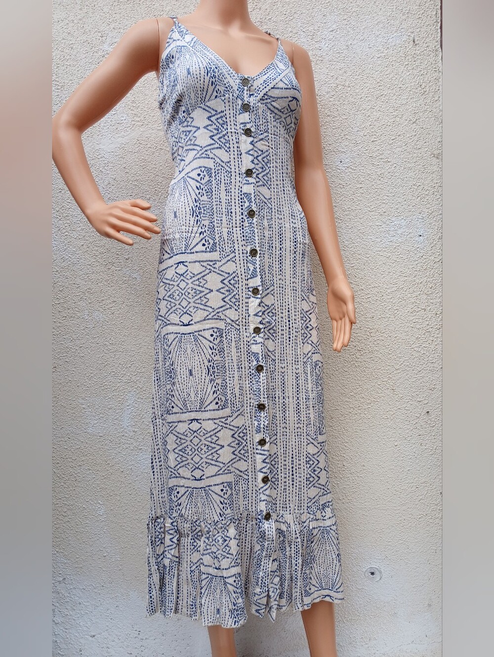 Millibon USA Boho Blue Geometric Print Button-Front Maxi Dress Size M